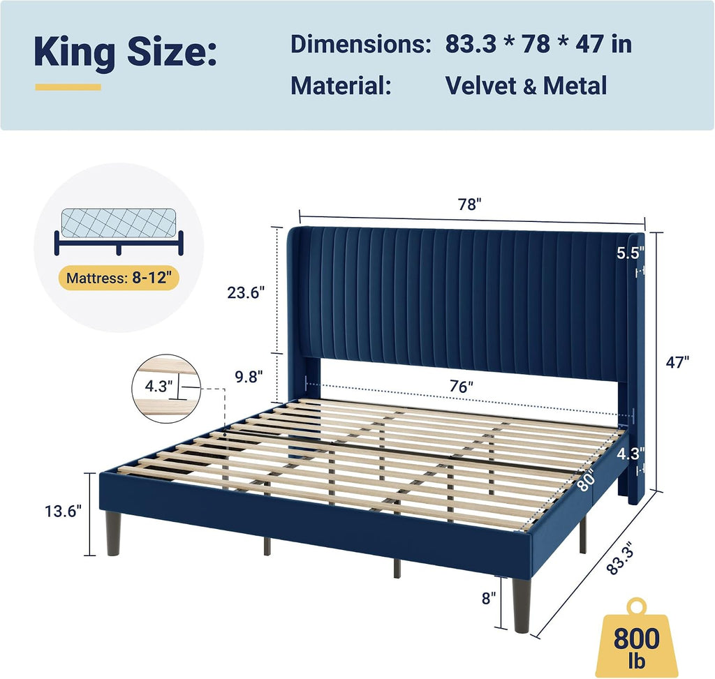 Allewie King Size Velvet Bed Frame/Vertical Channel Tufted Wingback Headboard/Upholstered Platform Bed/Strong Wooden Slats/No Box Spring Needed/Easy Assembly/Blue
