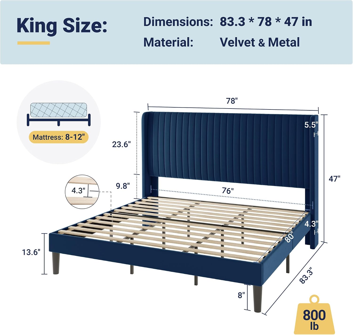 Allewie King Size Velvet Bed Frame/Vertical Channel Tufted Wingback Headboard/Upholstered Platform Bed/Strong Wooden Slats/No Box Spring Needed/Easy Assembly/Blue