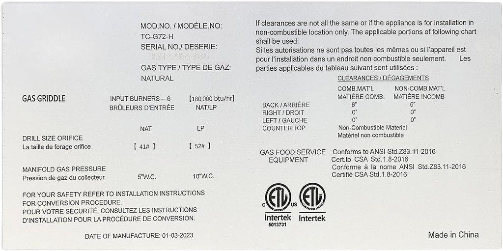 Commercial 72' gas heavy duty griddle ETL