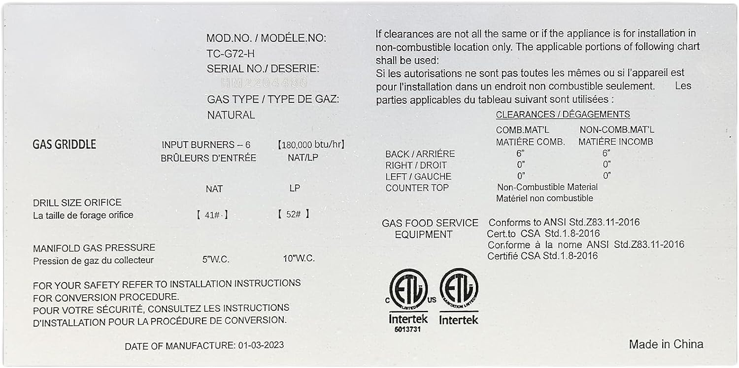 Commercial 72' gas heavy duty griddle ETL