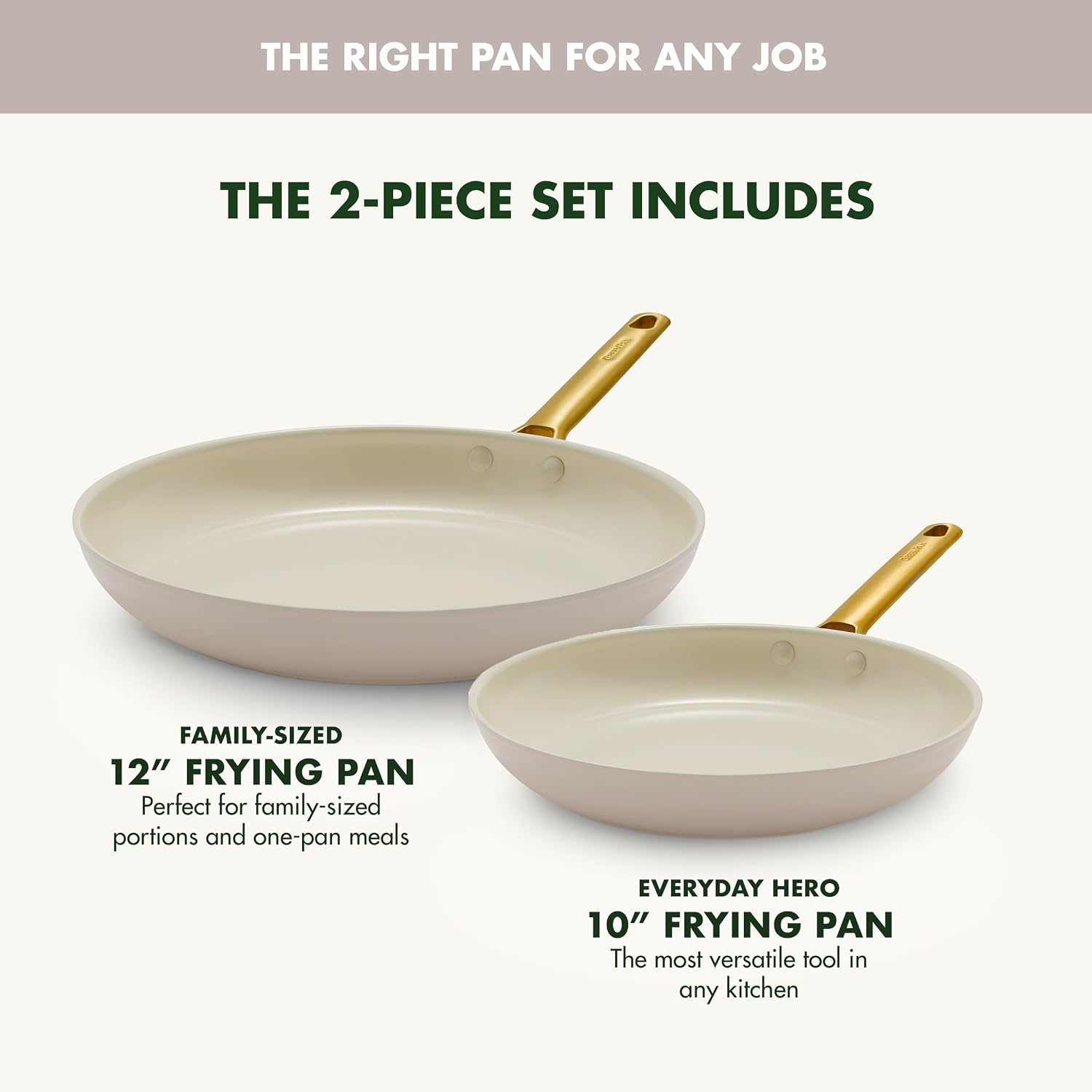 GreenPan Hard Anodized Healthy Ceramic Nonstick 10' and 12' Frying Pan Skillet Set, Gold Handle, PFAS-Free, Dishwasher Safe, Oven Safe, Taupe