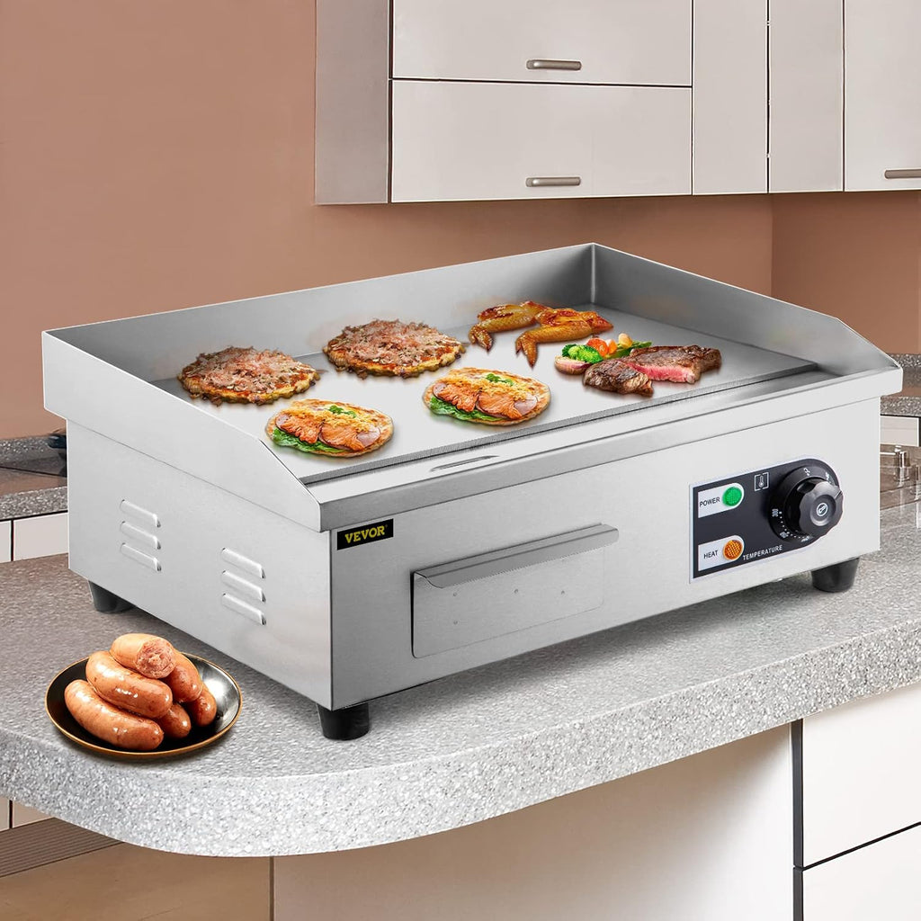 VEVOR Commercial Electric Griddle, 18' Teppanyaki Grill, 1600W Electric Flat Top Grill, Stainless Steel Electric Countertop Griddle w/Drip Hole, 50-300℃ Countertop Griddle for Pancake (No Plug)