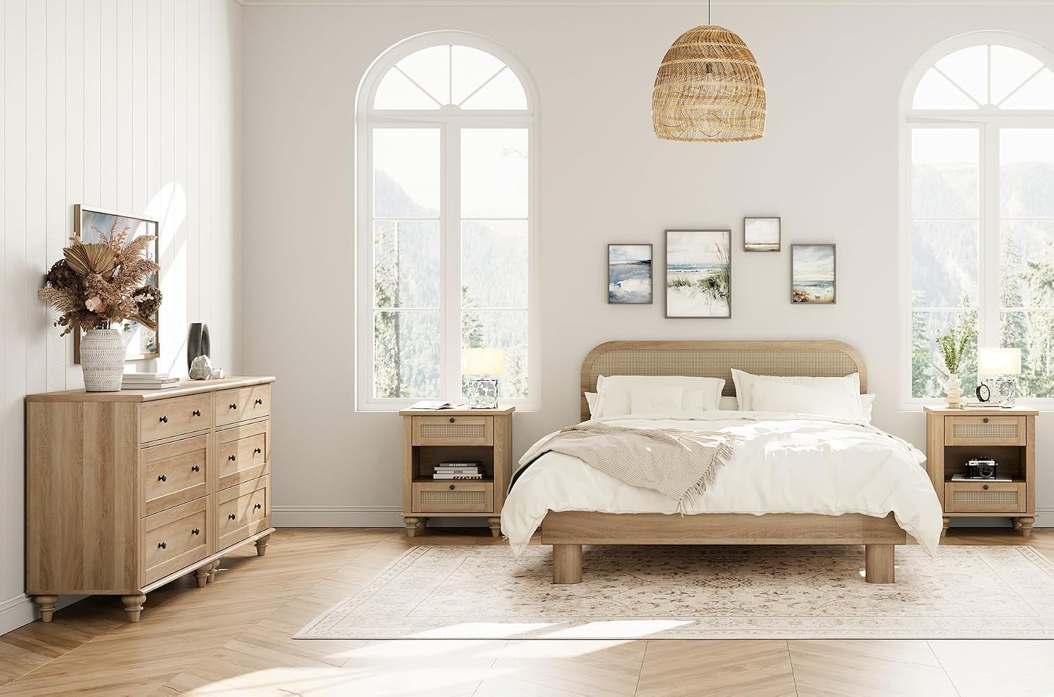WAMPAT 4 Piece Dresser and Nightstand Sets - Includes Two Farmhouse 3 Drawer Dressers for Bedroom, Set of 2 Side Tables Bedside Table with Charging Station, 4 Piece Bedroom Set, Oak