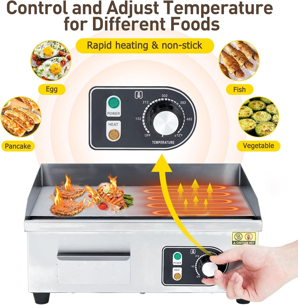 22' 1500W Electric Griddle – Stainless Steel Half-Flat Top Countertop Grill, 122°F-572°F Adjustable Temp, 2 Shovels & 2 Brushes with Plug for Home & Restaurant