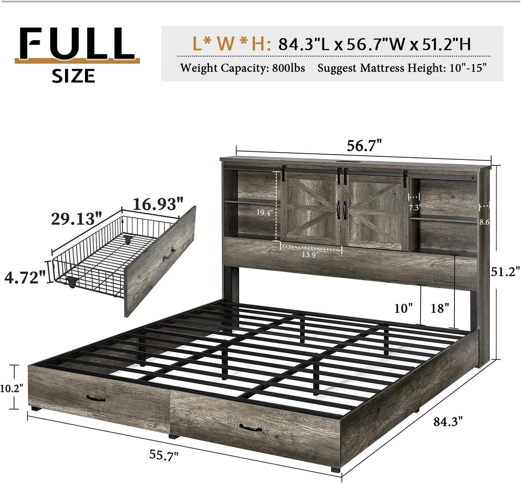 VanAcc Full Size Bed Frame, Wooden Platform Storage Bed with 51.2' Bookcase Headboard, 2 Drawers, Charging Station/No Box Spring Needed/Noise Free(Rustic Grey)