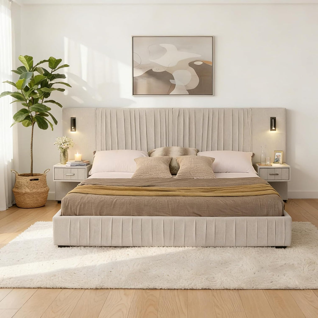 KEIKI King Size Chenille Bed Frame with 2 Nightstands, Lamps & Oversize Headboard, Solid Wood Frame Platform Night Stand Bedroom Set, Upholstered Floor Grounded Bed, No Box Spring Needed, Beige