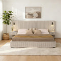 KEIKI King Size Chenille Bed Frame with 2 Nightstands, Lamps & Oversize Headboard, Solid Wood Frame Platform Night Stand Bedroom Set, Upholstered Floor Grounded Bed, No Box Spring Needed, Beige