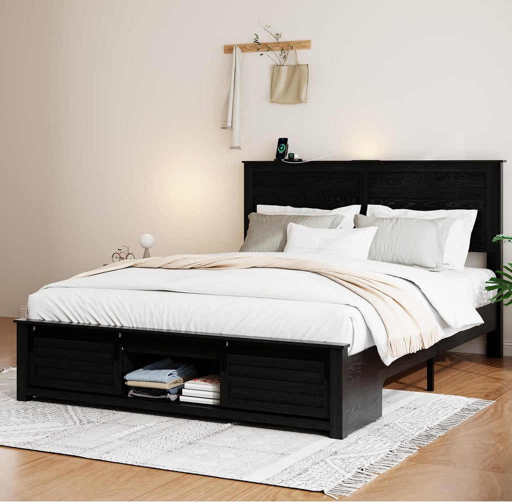 Wooden Queen Size Bed Frame with Headboard, Classic Black Farmhouse Storage Bedframe with Sliding Barn Door Footboard and Charging Station, Wood Slats, No Box Spring Needed