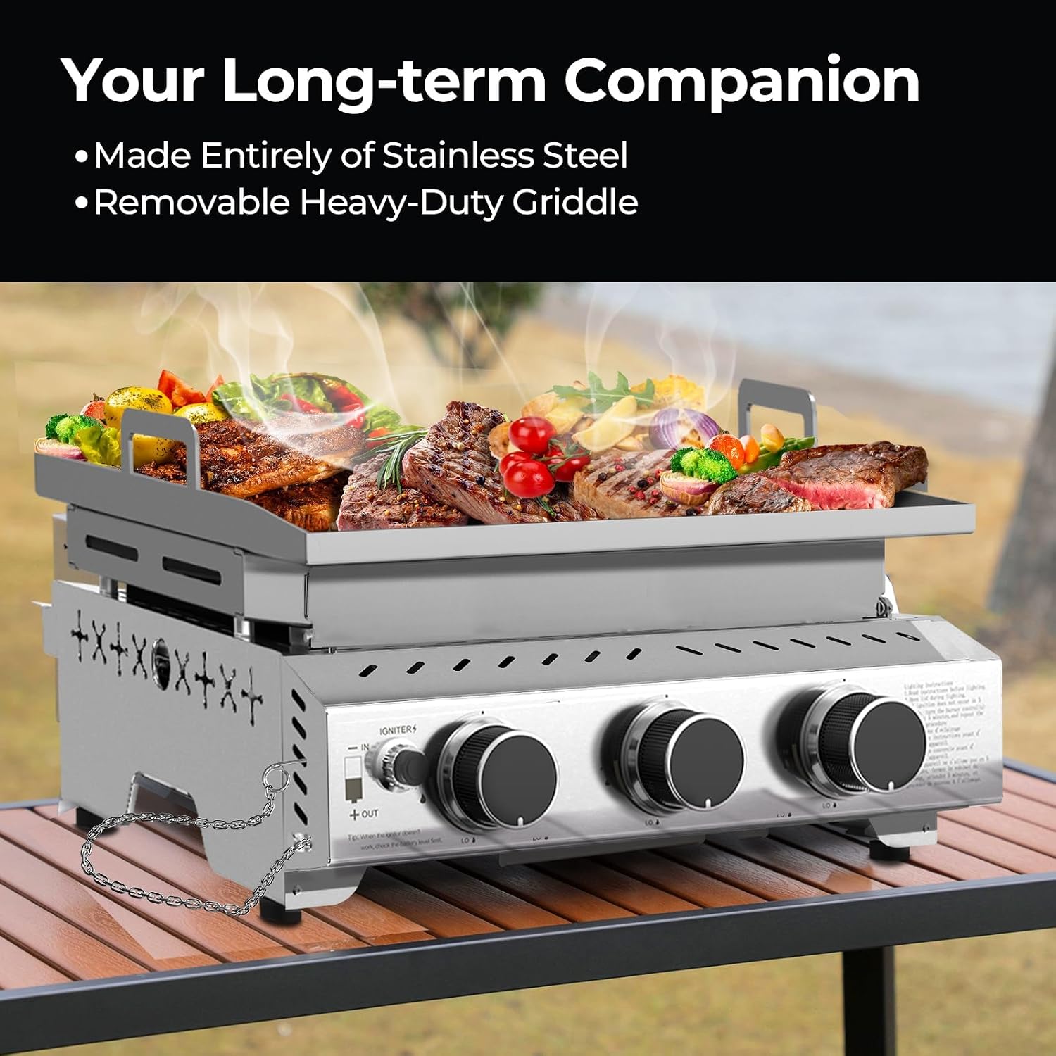 R.W.FLAME 3 Burner Tabletop Propane Griddle, 25' Stainless Steel, 24,000 BTU, Flat Top Grill for Outdoor BBQ, Camping & Patio