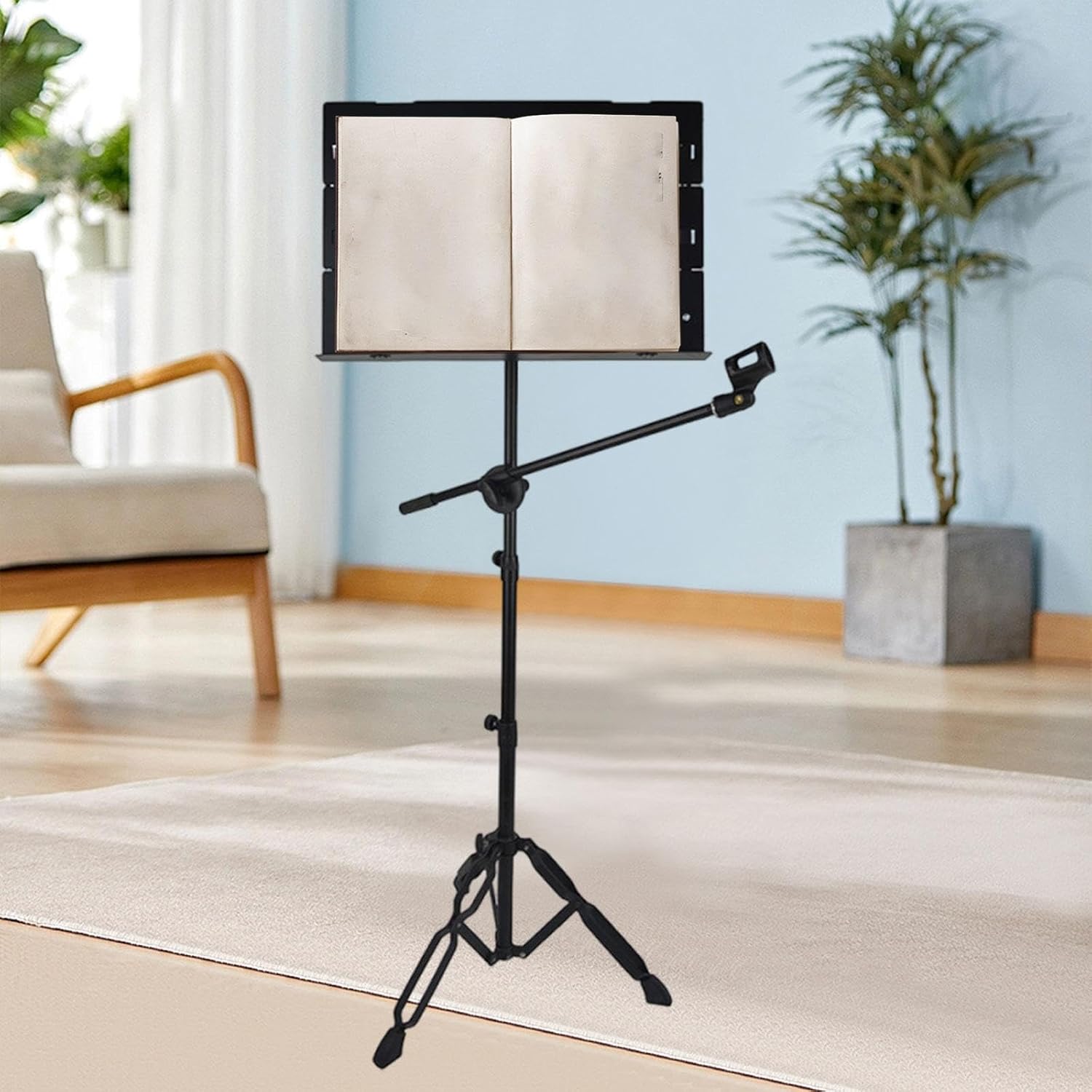 DYNWAVE Foldable Sheet Music Stand Music Sheet Holder Compact Stable Easy to Use Portable Tripod with Mic Holder Instrument Accessory