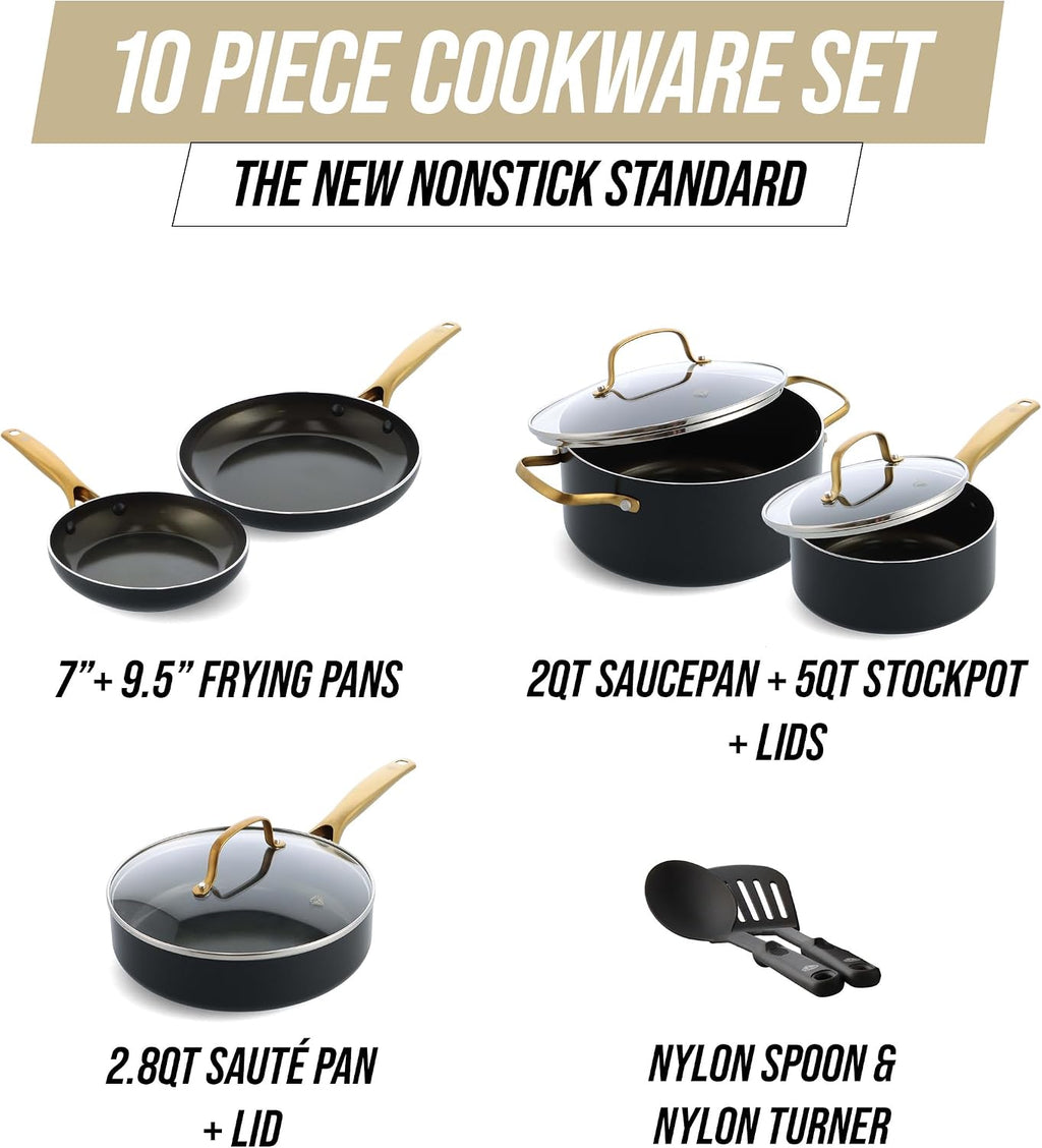 Blue Diamond Gold 10 Piece Cookware Pots and Pans Set, Induction Suitable, Diamond Infused PFAS-Free Ceramic Nonstick, Durable, Metal Utensil Safe, Dishwasher Safe, Gold Handle, Black