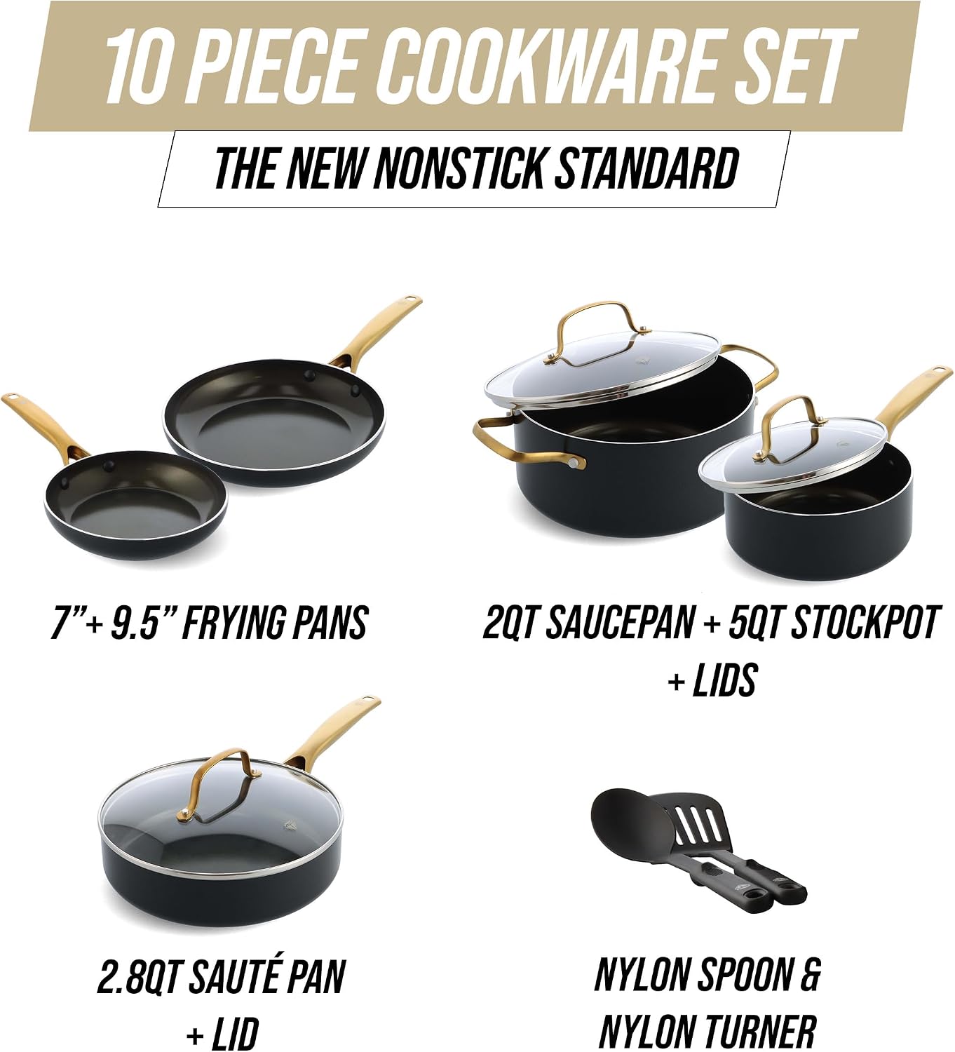 Blue Diamond Gold 10 Piece Cookware Pots and Pans Set, Induction Suitable, Diamond Infused PFAS-Free Ceramic Nonstick, Durable, Metal Utensil Safe, Dishwasher Safe, Gold Handle, Black