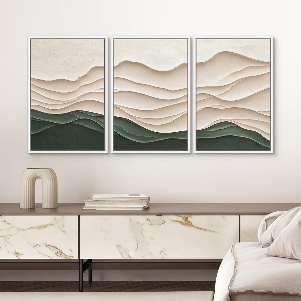 SIGNWIN Framed Canvas Print Wall Art Set Textured Paper Cut Landscape Beige and Green Minimalist Illustrations Modern Art Rustic Scenic Relax/Calm for Living Room, Bedroom, Office - 24'x36'x3 White