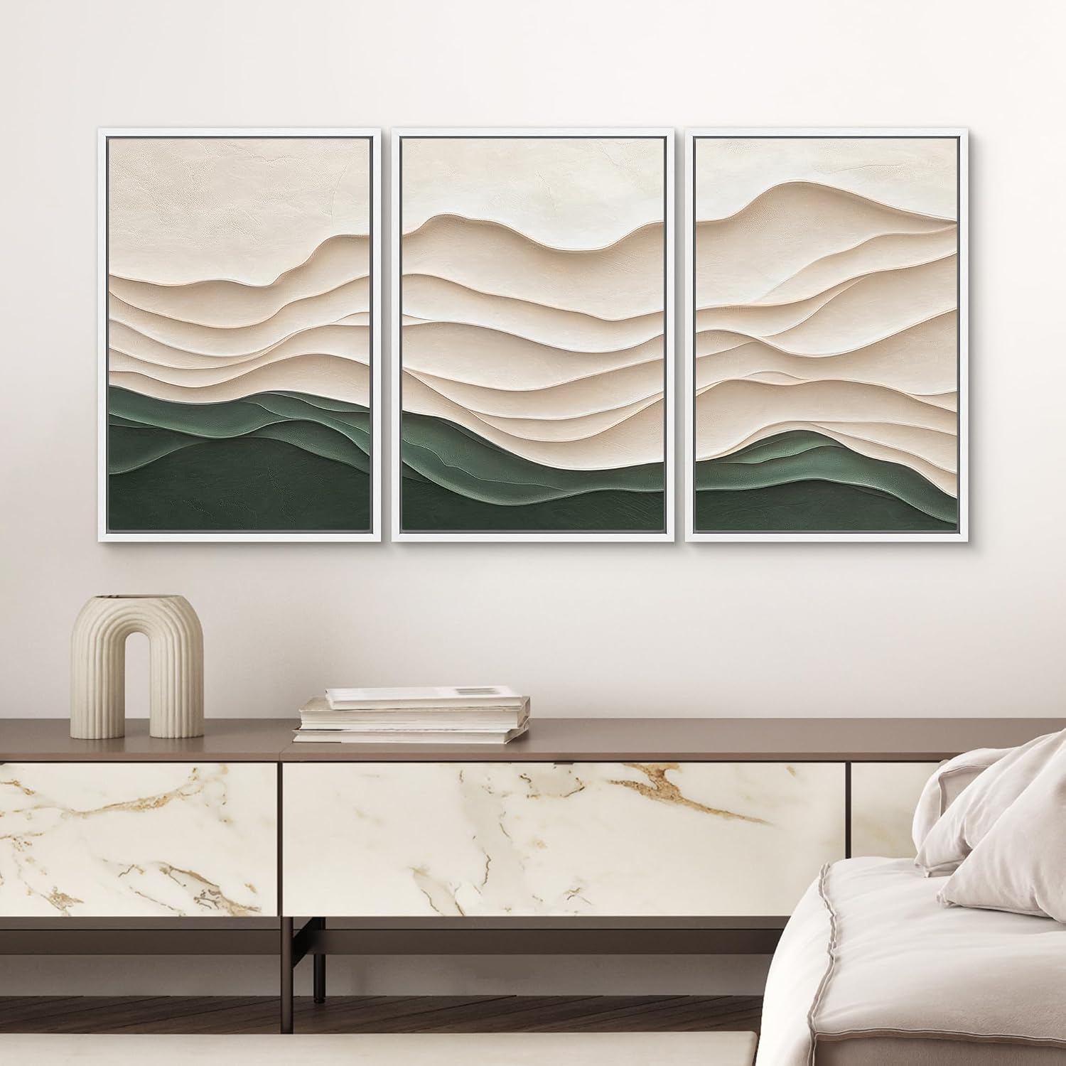 SIGNWIN Framed Canvas Print Wall Art Set Textured Paper Cut Landscape Beige and Green Minimalist Illustrations Modern Art Rustic Scenic Relax/Calm for Living Room, Bedroom, Office - 24'x36'x3 White