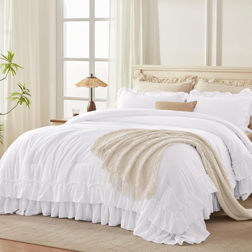Andency Super King Plus Ruffle Comforter Set 128x120, 3 Pieces Farmhouse Shabby Chic Bedding Set, Soft Lightweight Oversized California King Comforter Set (1 Comforter 2 Pillowcases), White