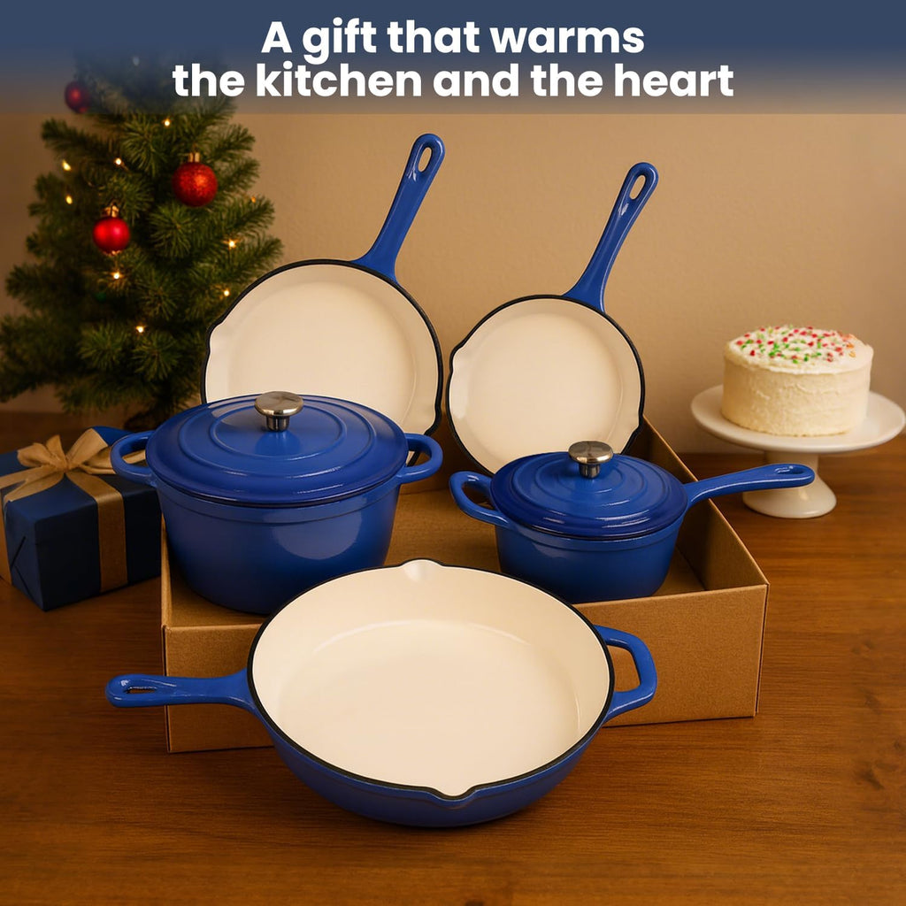 QuliMetal Enameled Cast Iron Cookware Set, 5 Pcs Pots and Pans with Lid, Skillet, Frying Pan, Saucepan & Dutch Oven for All Stovetops, PFA Free - Ideal for Sourdough Bread Baking