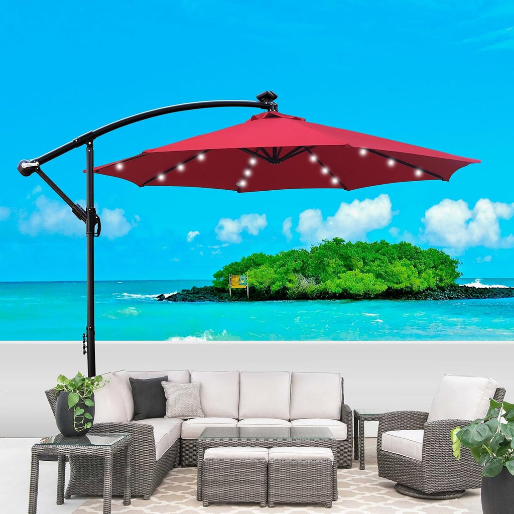10FT Solar Powered Patio Umbrella, Market Table Umbrella with 24 LED Lights & 8 Sturdy Ribs, Cantilever Patio Umbrella with base, Offset Umbrella for Garden Lawn Deck Backyard Pool