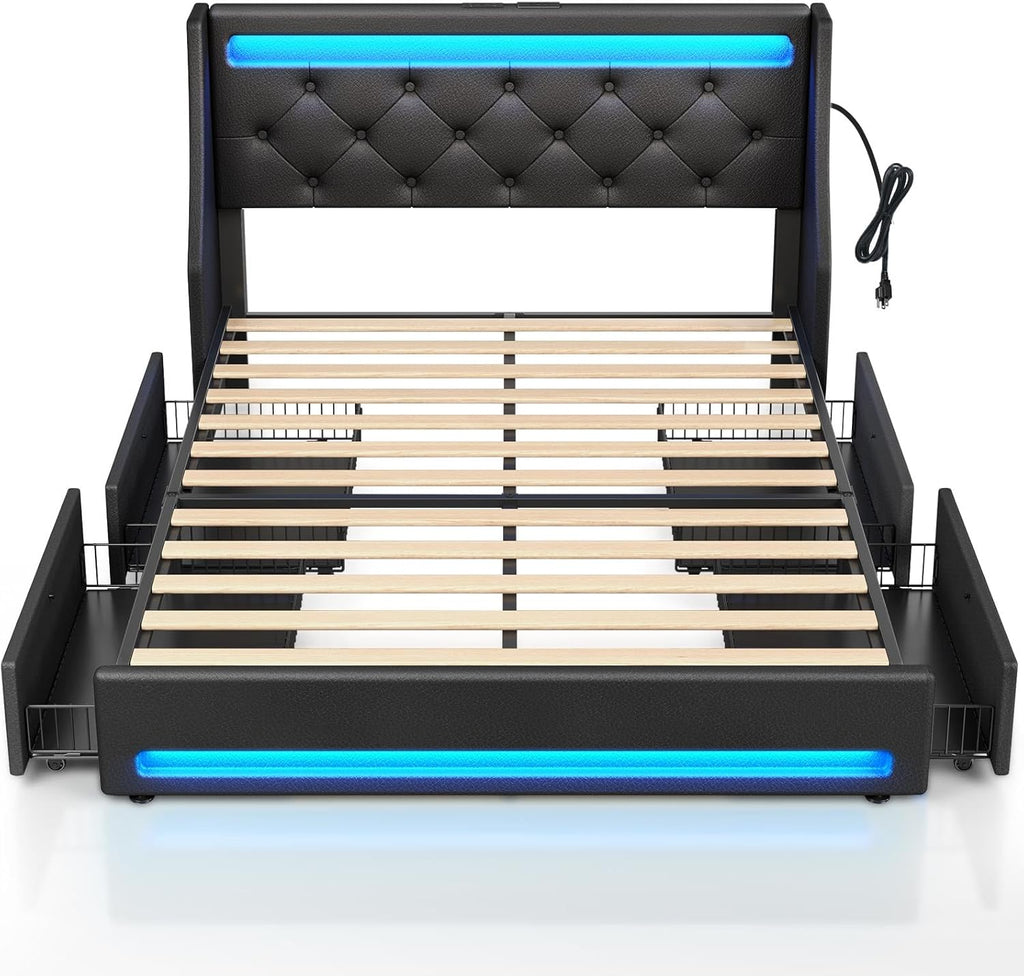 Rolanstar Queen Bed Frame with LED Lights and Charging Station, PU Leather Bed with Drawers, Wooden Slats, Noise Free, Easy Assembly, Black