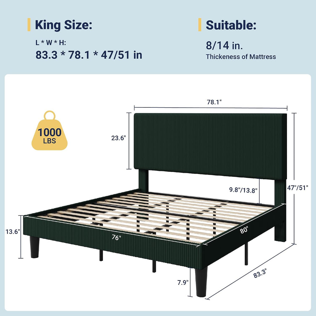 Allewie King Size Upholstered Bed Frame with Vertical Channel Tufted Headboard, Soft Corduroy Fabric Platform Bed, Strong Wooden Slats Support, Easy Assembly, No Box Spring Needed, Dark Green