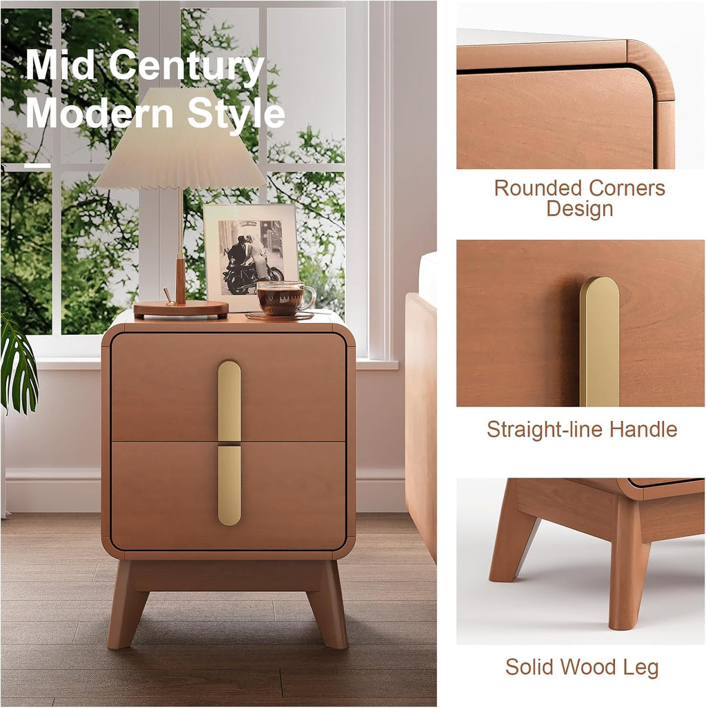 Mid Century Modern Nightstand Set of 2, Wood Bedside Table with 2 Drawers and Metal Handles, Curved Design, Night Stand Set 2 for Bedroom, Cherry