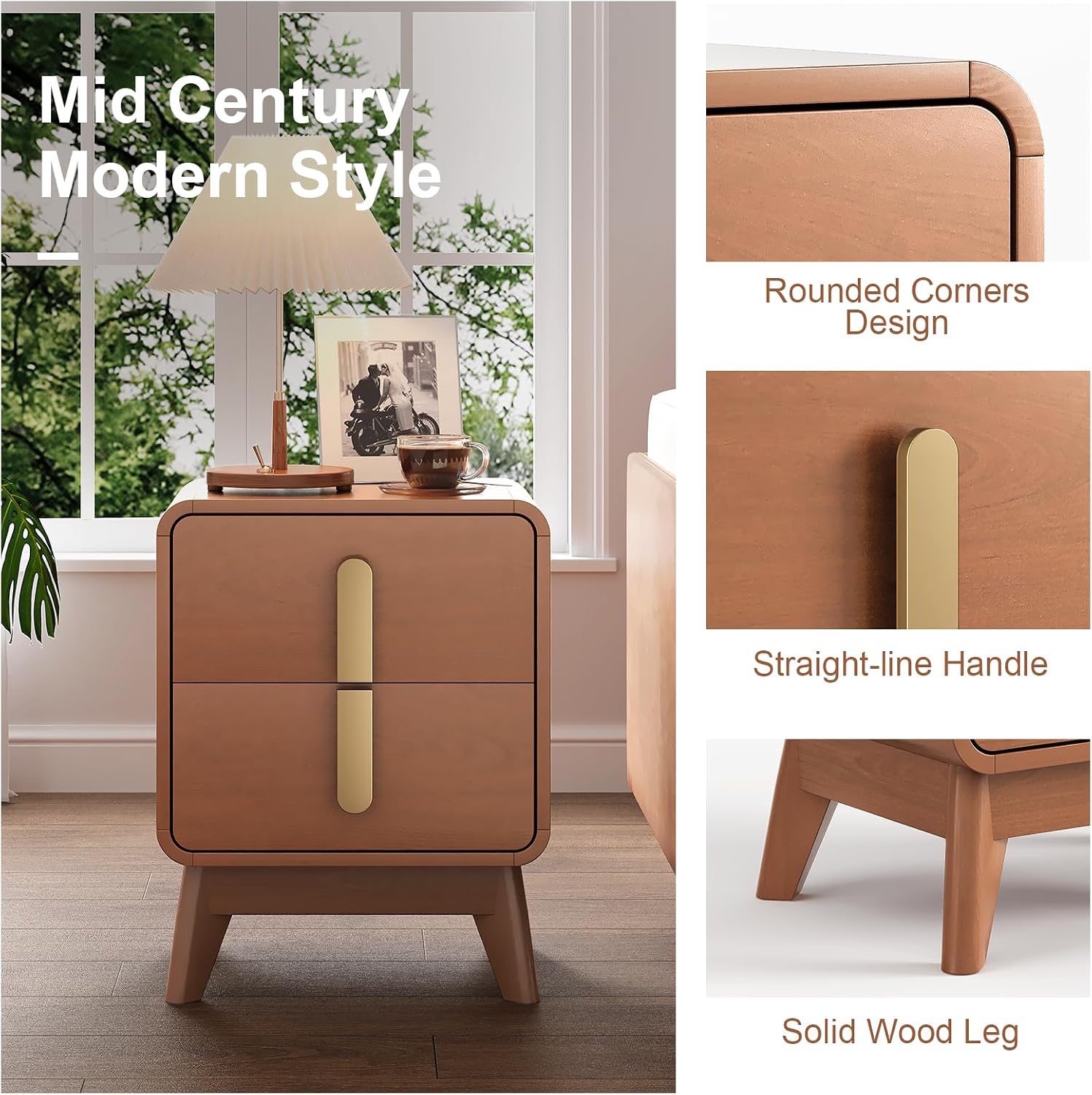 Mid Century Modern Nightstand Set of 2, Wood Bedside Table with 2 Drawers and Metal Handles, Curved Design, Night Stand Set 2 for Bedroom, Cherry