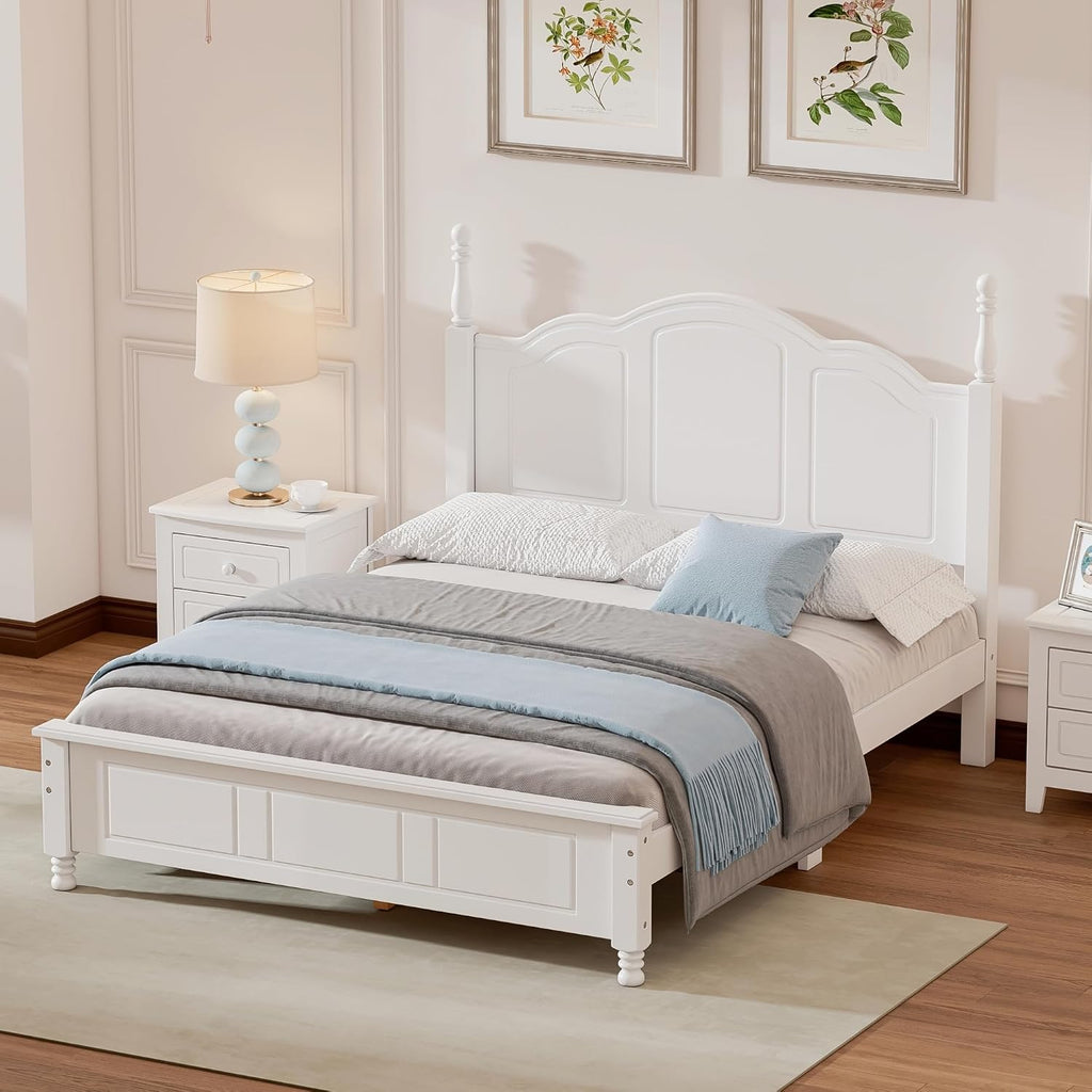 Merax Classic Retro Solid Wood Platform Bed with Headboard, Full Bed Frame/No Box Spring Needed/Easy Assemble White