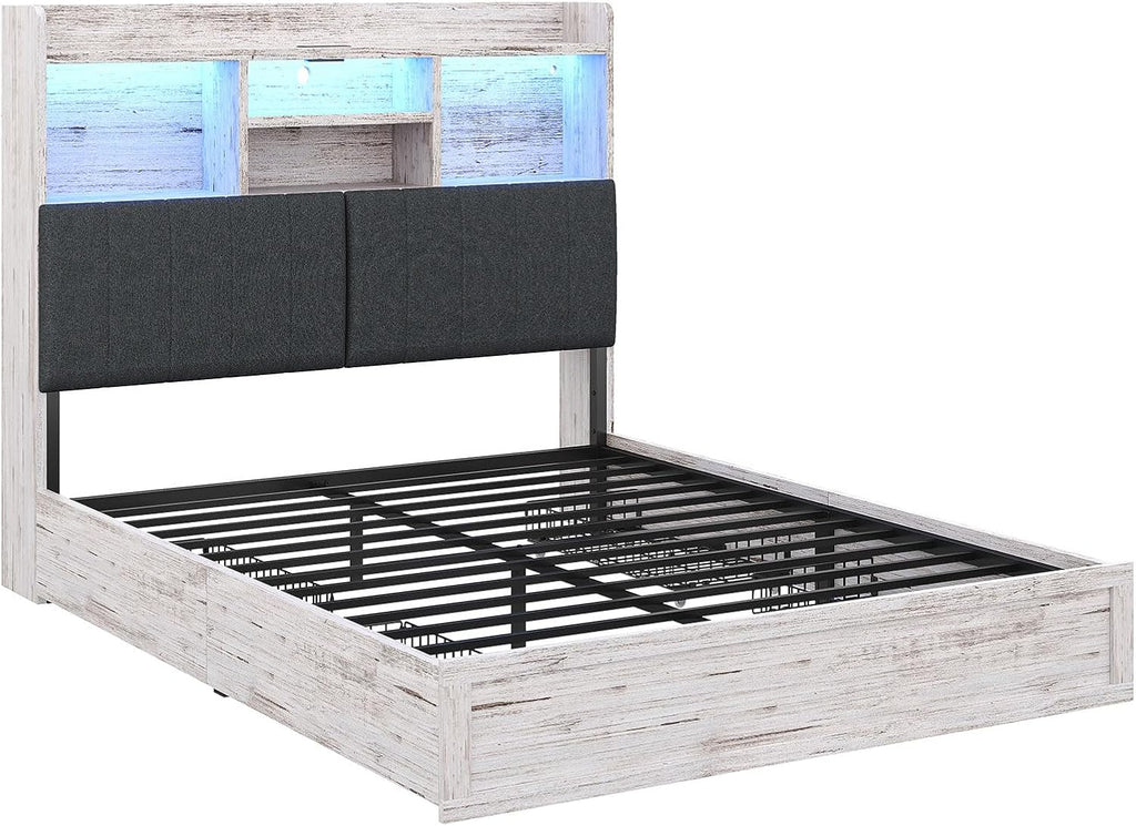 AMERLIFE Queen Size Bed Frame with 51.2' Tall Bookcase Headboard, Farmhouse Platform Bed with 4 Storage Drawers, Linen Upholstered, Charging Station & Storage, Rustic White
