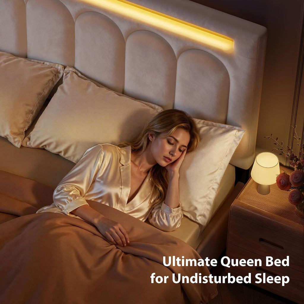 Homkdom Queen Upholstered Bed Frame with 4 Drawers and Velvet Headboard, Platform Bed Frame Queen Size with LED Lights, Wooden Slats Support,Easy Assembly, Beige