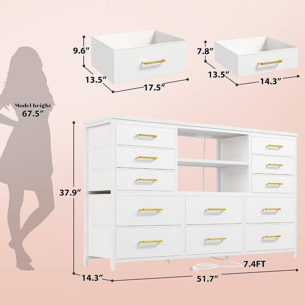 EnHomee 12 Drawers Dresser for Bedroom with LED Lights & Charging Station, TV Stands for 55/60'' TV, Fabric Dressers & Chests of Drawers with 3 Wooden Shelves for Hallway,Sturdy,White