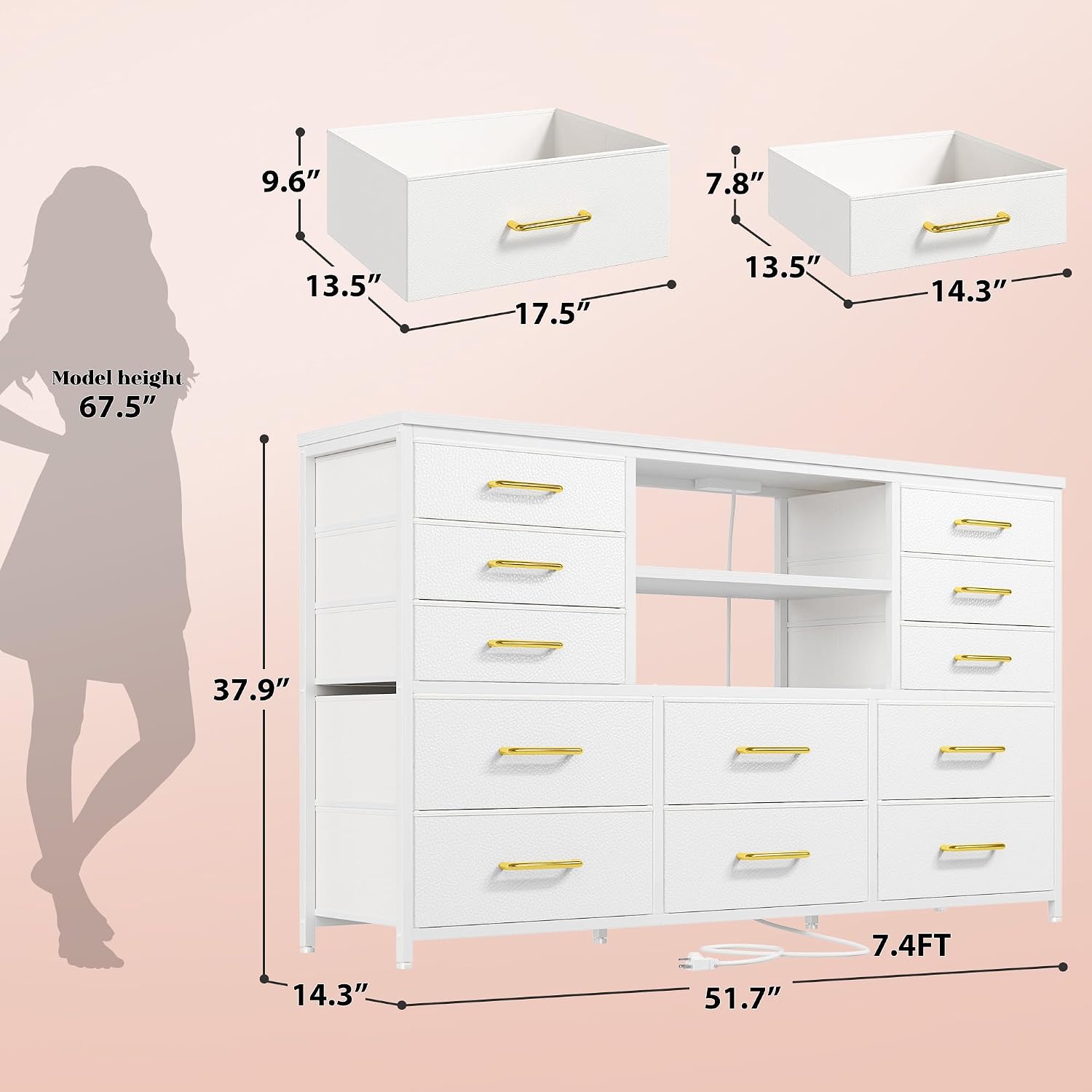 EnHomee 12 Drawers Dresser for Bedroom with LED Lights & Charging Station, TV Stands for 55/60'' TV, Fabric Dressers & Chests of Drawers with 3 Wooden Shelves for Hallway,Sturdy,White