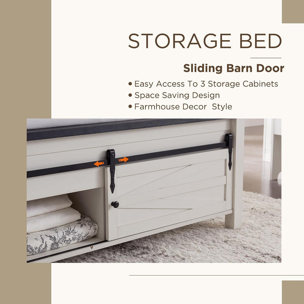 JXQTLINGMU 3 Pieces Farmhouse Bedroom Set-Queen Size Bed with 2 Nightstands of Sliding Barn Door Storage Cabinets, Solid Wood Slats Support, Noiseless, No Box Spring Needed, Off White