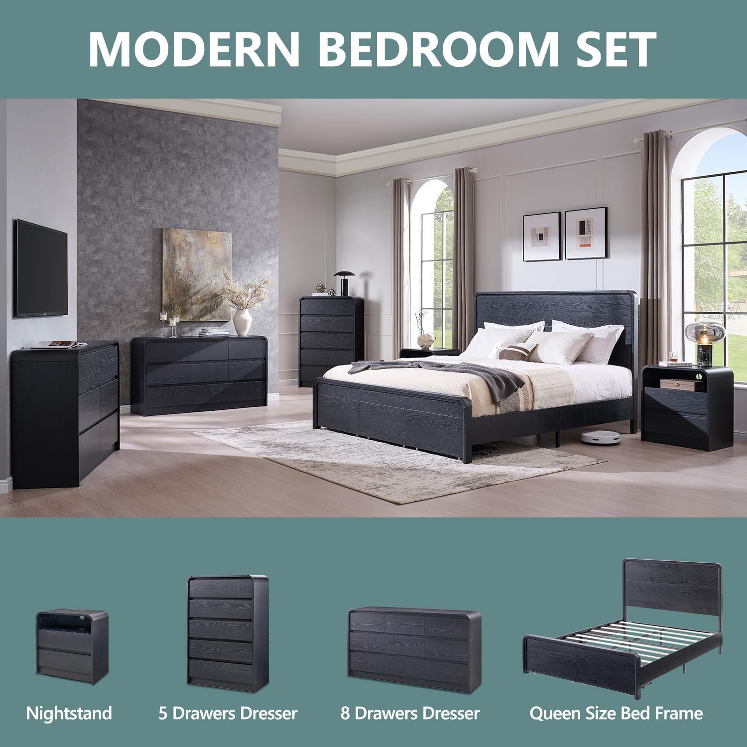 Aitjunz Modern Queen Size Bed Frame with 50' Tall Headboard, Wood Queen Size Platform Bed Frame w/3 Storage Drawers, Curved Profile Design, Wood & Steel Platform Bed, No Box Spring Needed, Black