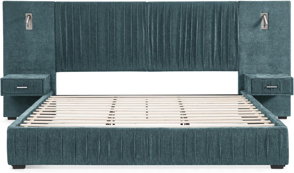 KEIKI King Size Chenille Bed Frame with 2 Nightstands, Lamps & Oversize Headboard, Solid Wood Frame Platform Night Stand Bedroom Set, Upholstered Floor Grounded Bed, No Box Spring Needed, Blue Green