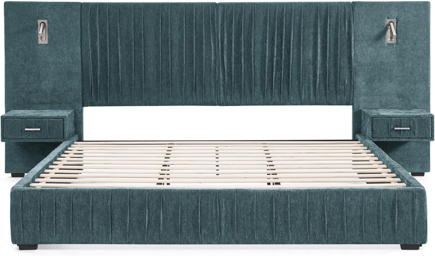 KEIKI King Size Chenille Bed Frame with 2 Nightstands, Lamps & Oversize Headboard, Solid Wood Frame Platform Night Stand Bedroom Set, Upholstered Floor Grounded Bed, No Box Spring Needed, Blue Green