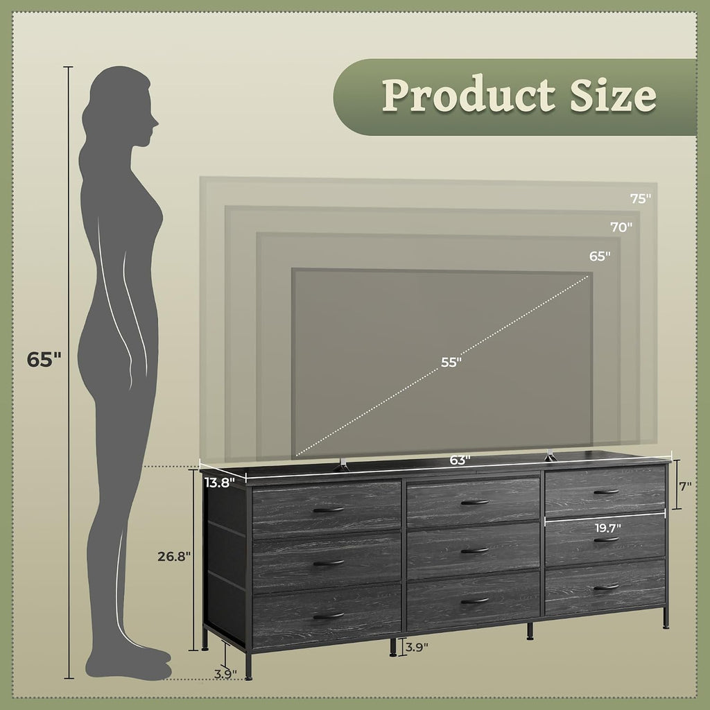 Huuger 63 Inch Dresser for Bedroom, Dresser for Closet with 9 Fabric Drawers, Large TV Stand for 55, 65, 70 Inch TV, Entertainment Center, Wide Long Chest of Drawers, Charcoal Black Wood Grain Print