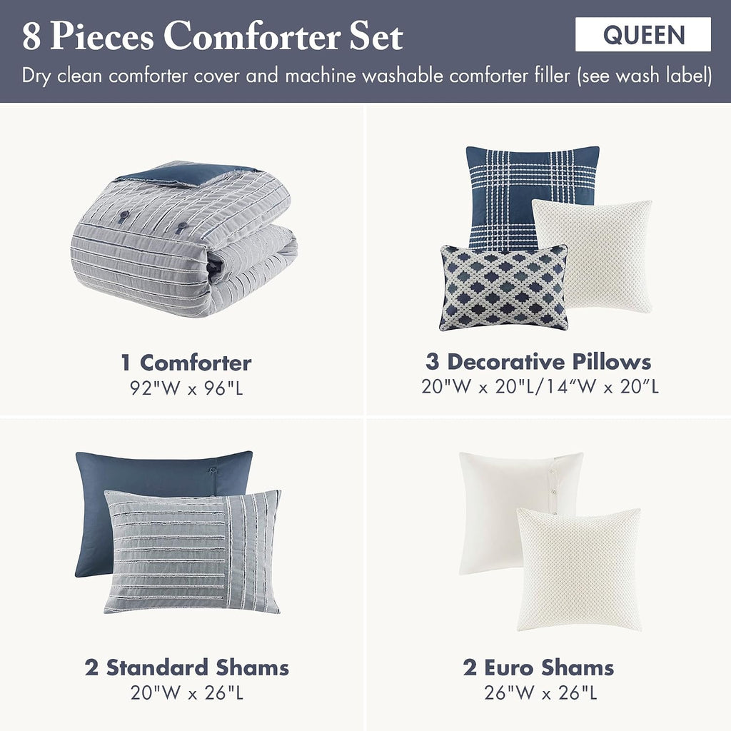 Madison Park Queen Comforter Cotton Clipped Jacquard, Oversized Comforters Queen Size Bed, All Season Down Alternative Overfilled Queen Size Comforter, Essence, Full/Queen, Blue 8 Piece