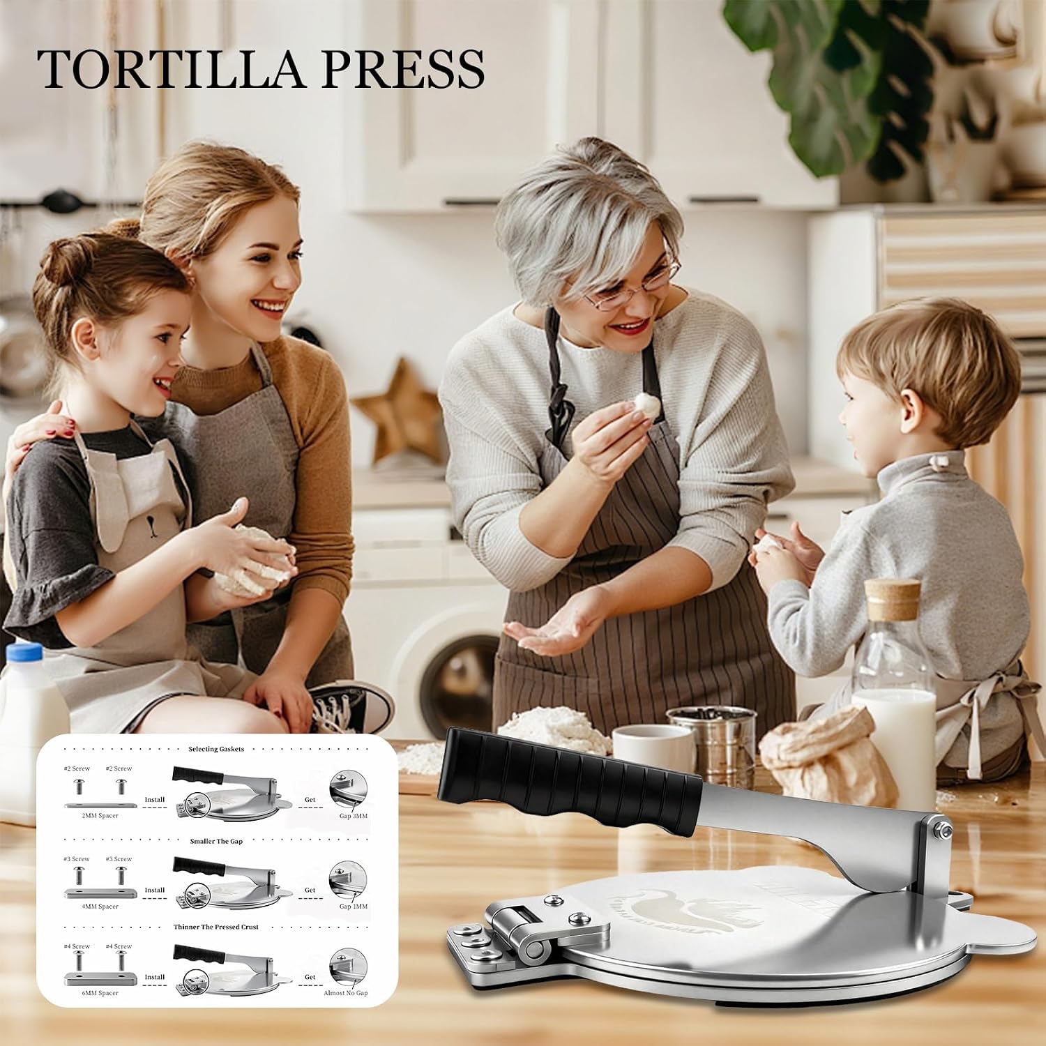 Tortilla Press Stainless Steel，SELERS,Heavy Duty, Adjustable To Press Different Thickness Of Crust, Removable, For Flour Tortilla, Roti, Flatbreads, Taco, Pie, Silver (10.5 inch)
