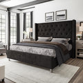 Jocisland Bed Frame King Size Velvet Tufted Upholstered Bed Low Profile Platform Bed Raised Wingback Headboard/Wood Slats Support/No Box Spring Needed/Easy Assembly/Black
