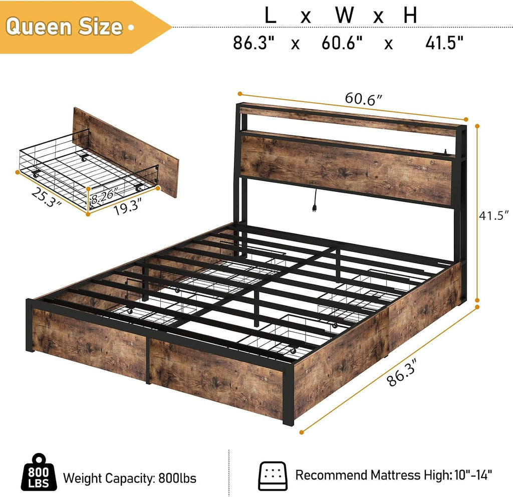SADENICEL Queen Bed Frame with Storage Headboard and 4 Drawers, Metal Platform Bed Frame with LED Light, Charging Station, No Box Spring Needed, Noise Free, Easy Assembly, Vintage Brown