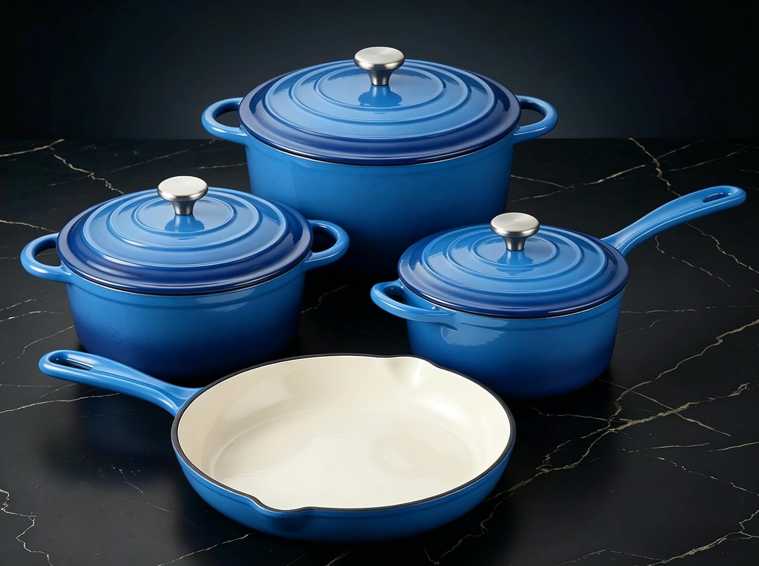 QuliMetal Enameled Cast Iron Cookware Set, 4-Piece Pots and Pans Set with Lids, 10.25' Skillet, 2QT Saucepan, 2.8QT & 4.8QT Dutch Ovens, Oven Safe to 500°F, All Stovetops Compatible - Cobalt Blue