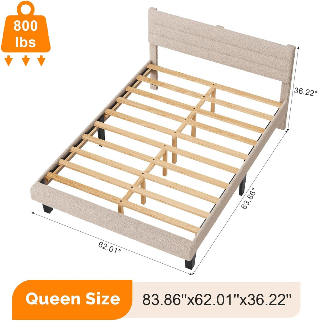 VINGLI Queen Bed Frame with Headboard, Upholstered Boucle Bed Frame,Cozy Low Profile Platform Bed with Wooden Slats and Fabric Adjustable Headboard, Mattress Foundation, Cream, Noise Free,Beige