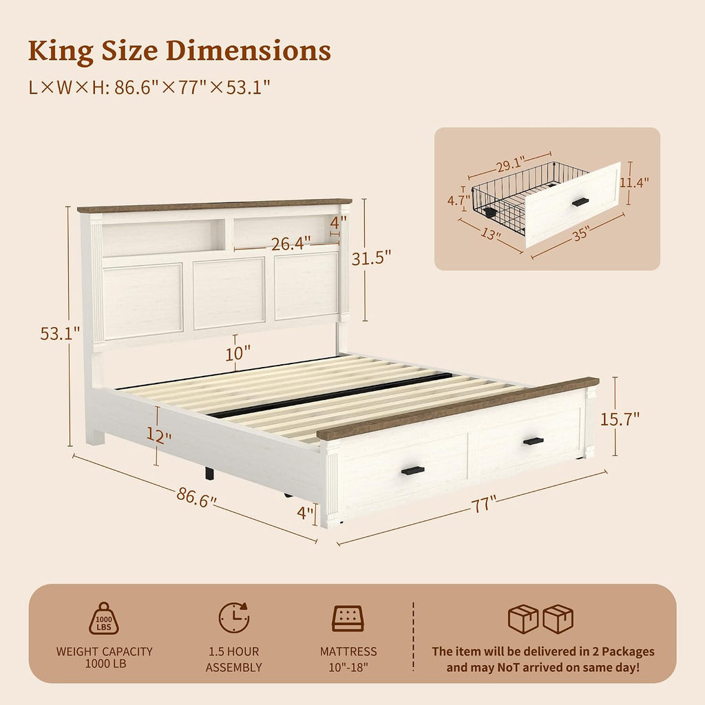 King Size Bed Frame with 53' Tall Headboard, Farmhouse Platform Bed Frame with Roman Column Decoration Footboard & 2 Storage Drawers, LED Built in Charging Station, No Box Spring Needed（Rust White)