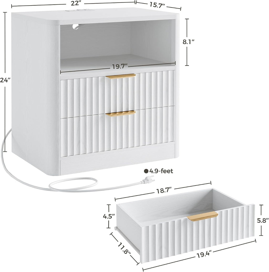IRONCK Fluted Night Stand Set of 2, Modern Nightstand with Charging Station, Drawers and Open Shelves - Bedside Table Wood Side Table Set for Bedroom, White