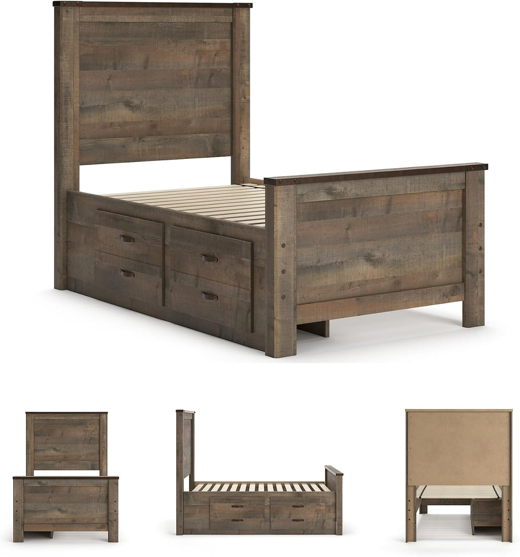 Signature Design by Ashley Trinell Casual Twin Panel Platform Bed with 2 Storage Drawers and Nailheads, Foundation or Box Spring Not Needed, Dark Brown