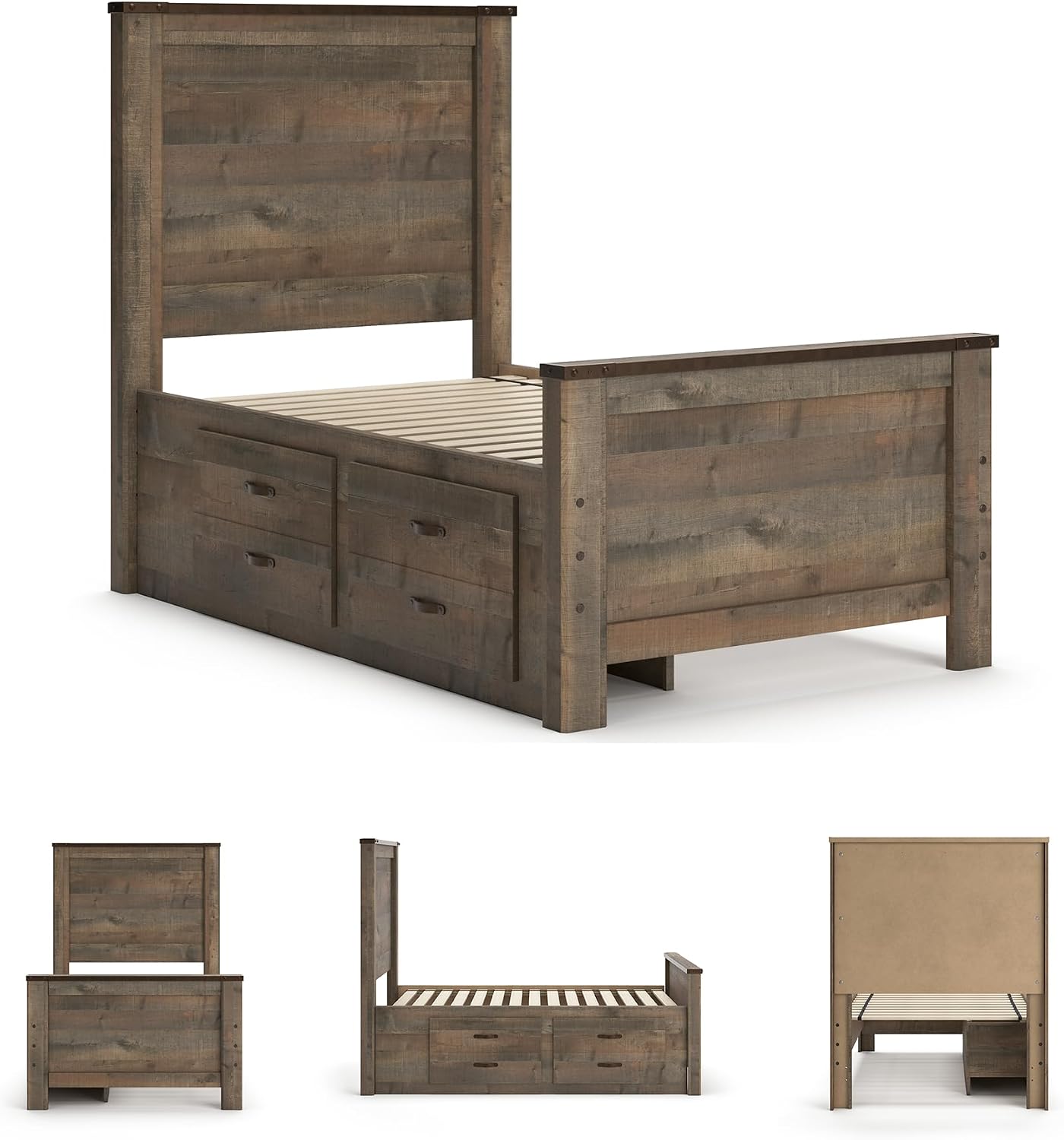 Signature Design by Ashley Trinell Casual Twin Panel Platform Bed with 2 Storage Drawers and Nailheads, Foundation or Box Spring Not Needed, Dark Brown