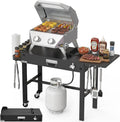 BESTFIRE 2-Burner Tabletop Propane Grill with Foldable Grill Cart, Portable Gas BBQ Station with Wheels & Prep Table, Dual-Fuel Setup for 1lb & 20lb Tanks, Stainless Steel Outdoor Kitchen for Camping