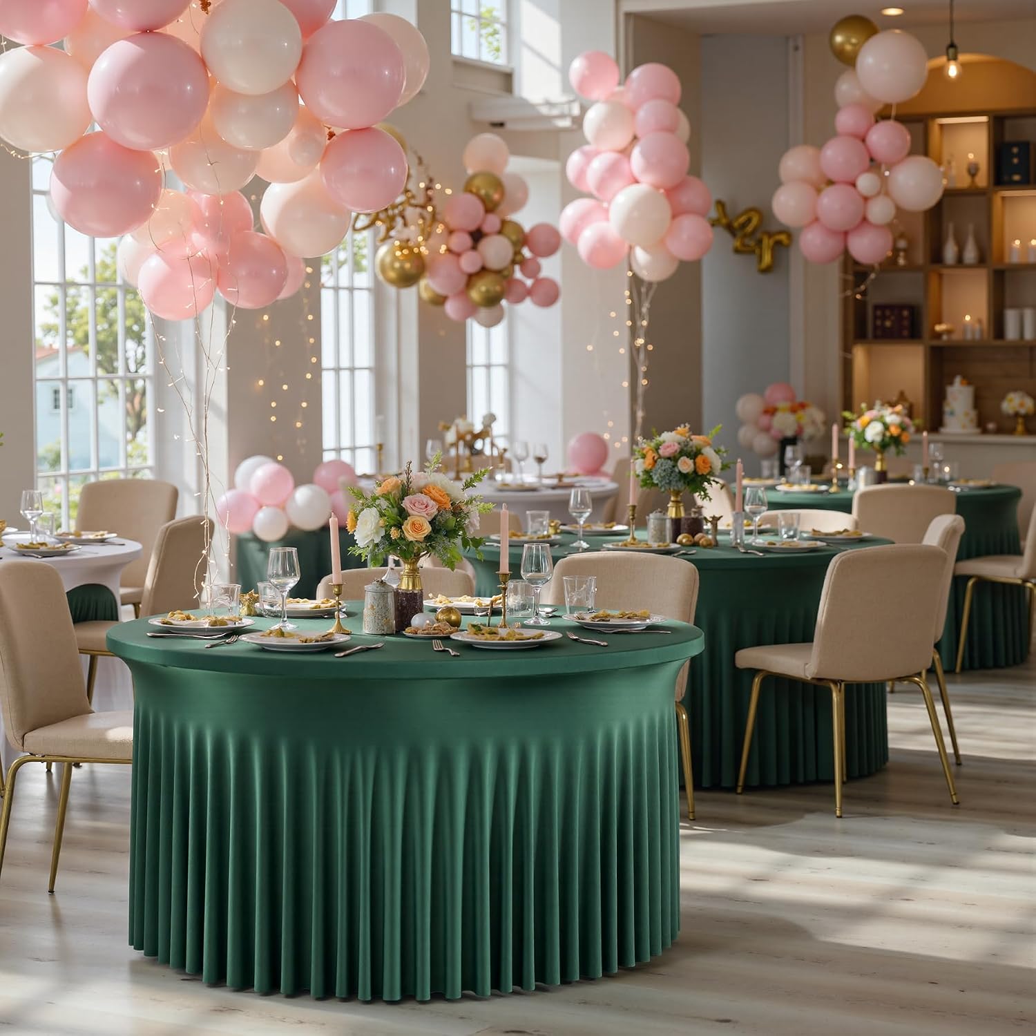 6 pk Hunter Green Round Spandex Tablecloths 60 in with Ruffled Skirt,Wrinkle Free High-Stretch 120 inch Table Cloth Round Fitted 5ft Tables,Spandex Table Covers 5ft for Forest Party Wedding Banquet