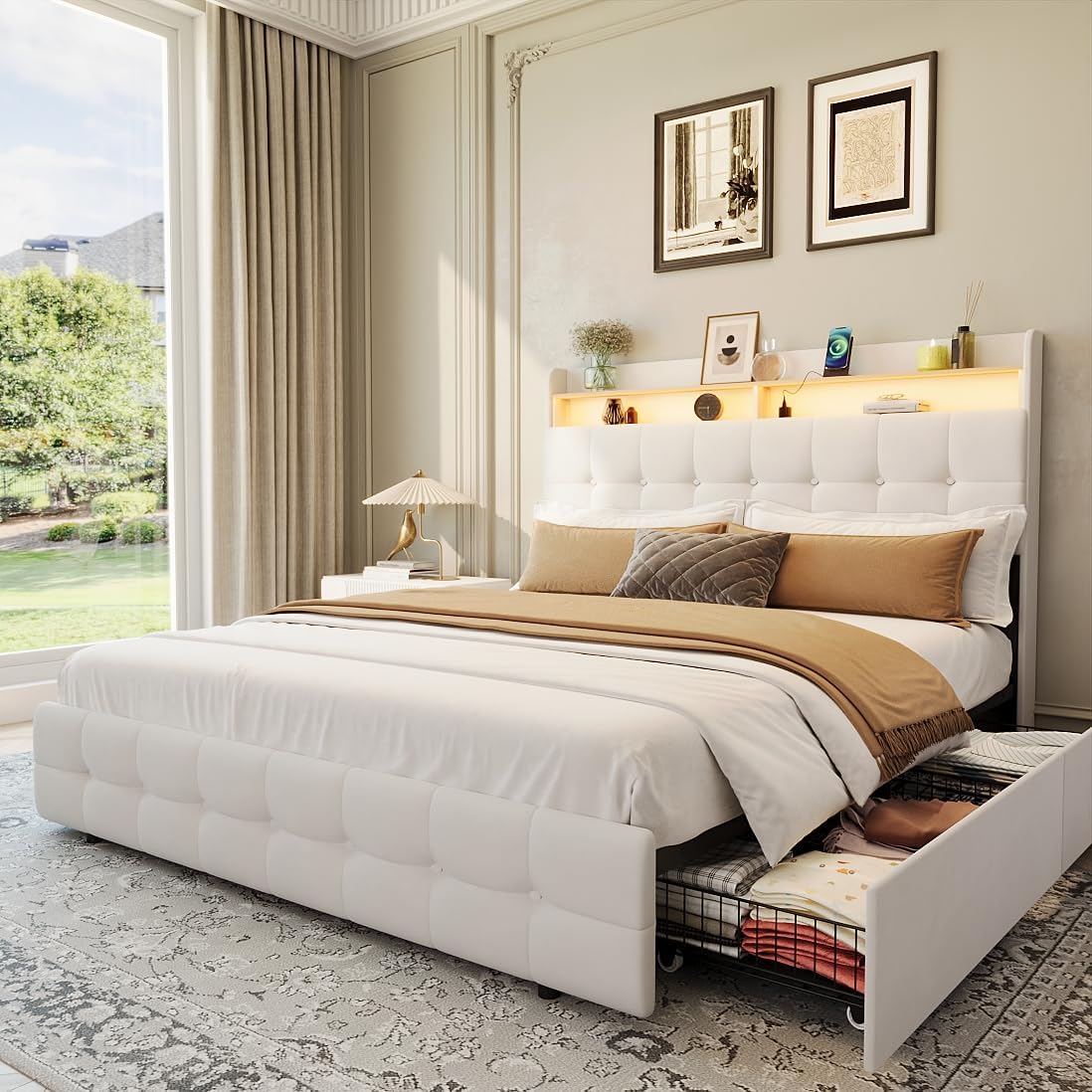 Garvee Full Size Bed Frame with 2 Storage Drawers, Upholstered Bed Frame Full with LED Light, Double-Layer Bedside Headboard with Charging Socket and USB Port, Soft Plush Fabric, White