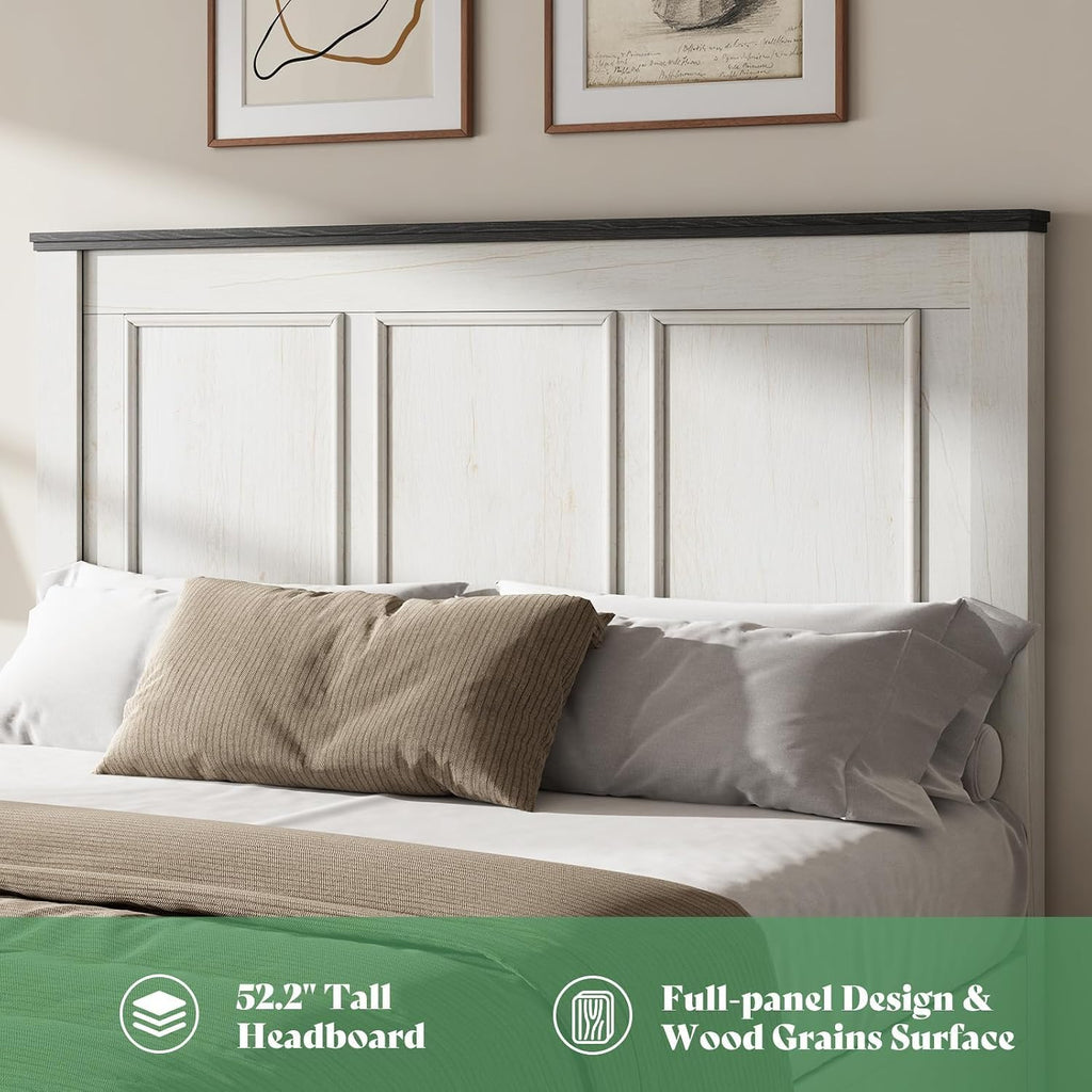 AMERLIFE Full Size Bed Frame with 52.2' Tall -Panel Headboard & Footboard, Farmhouse Wood Platform Bed Frame & 2 Large Storage Drawers, No Box Spring Needed, Noiseless, Rustic White