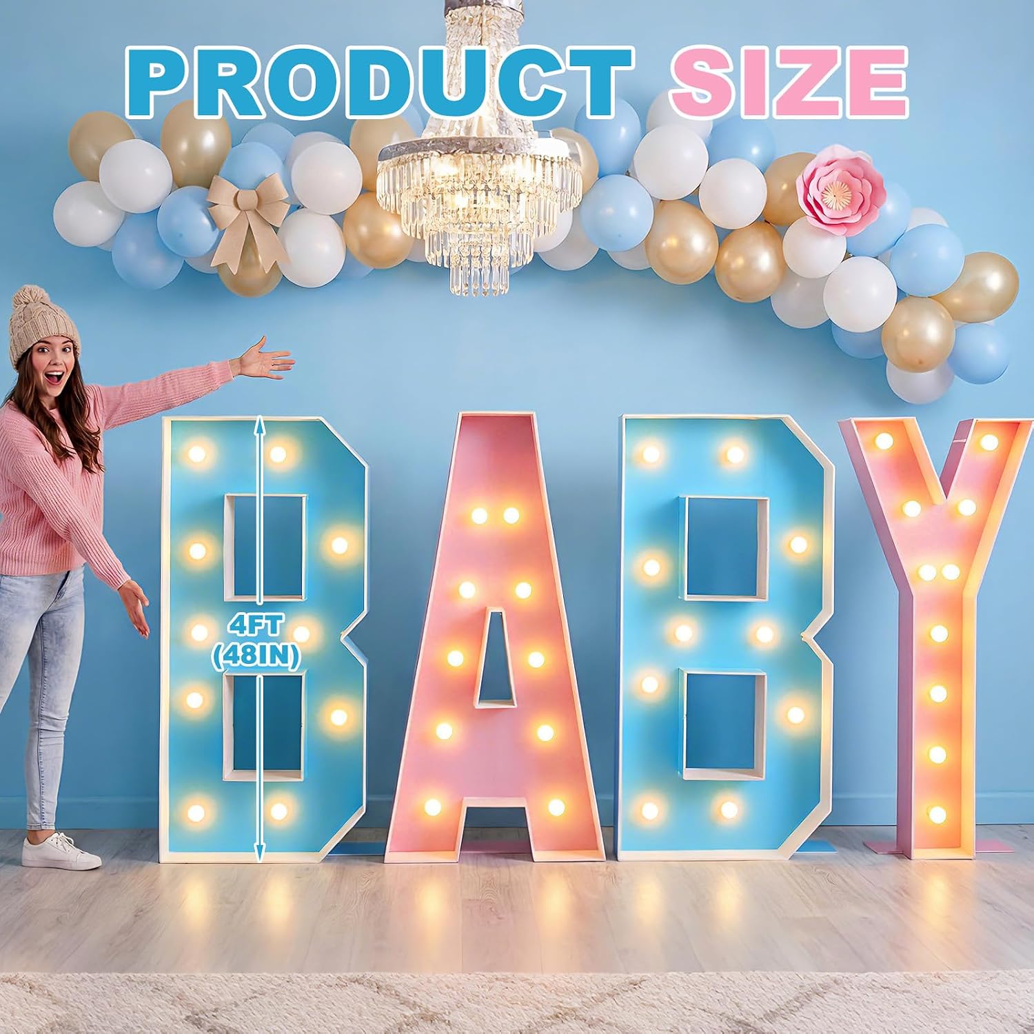 Gerrii 4ft Marquee Letters, Baby Letters for Baby Shower Decorations for Girl Boy, Large Light up Letter 4 Feet Tall for Gender Reveal Party Supplies, Colorful Sign, Backdrop